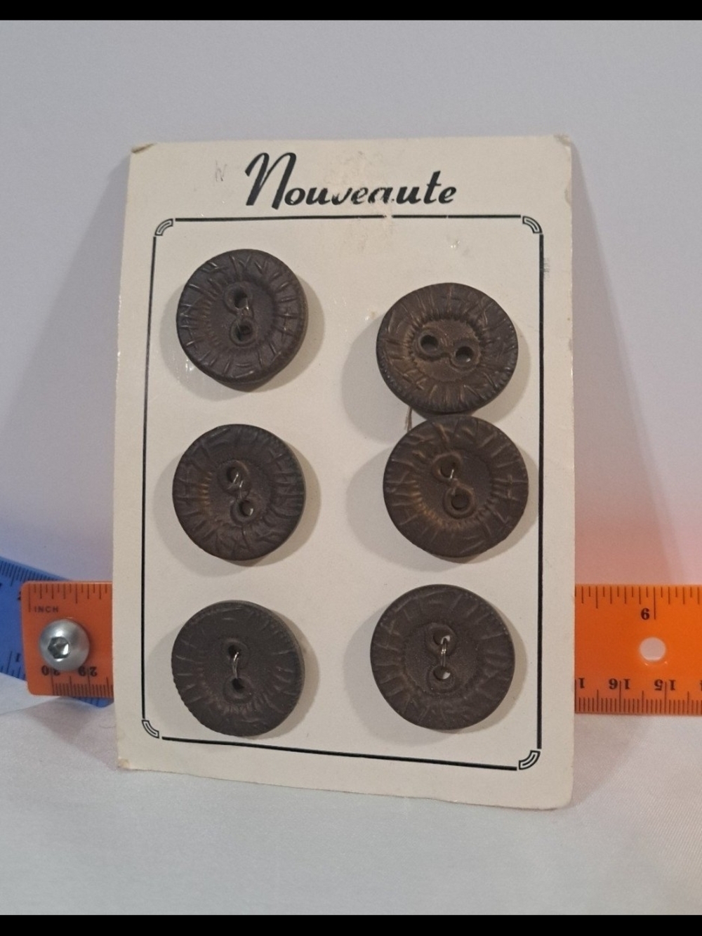 Nouveaute Brown Carved Plastic Buttons 6pc Set Deadstock Art Deco